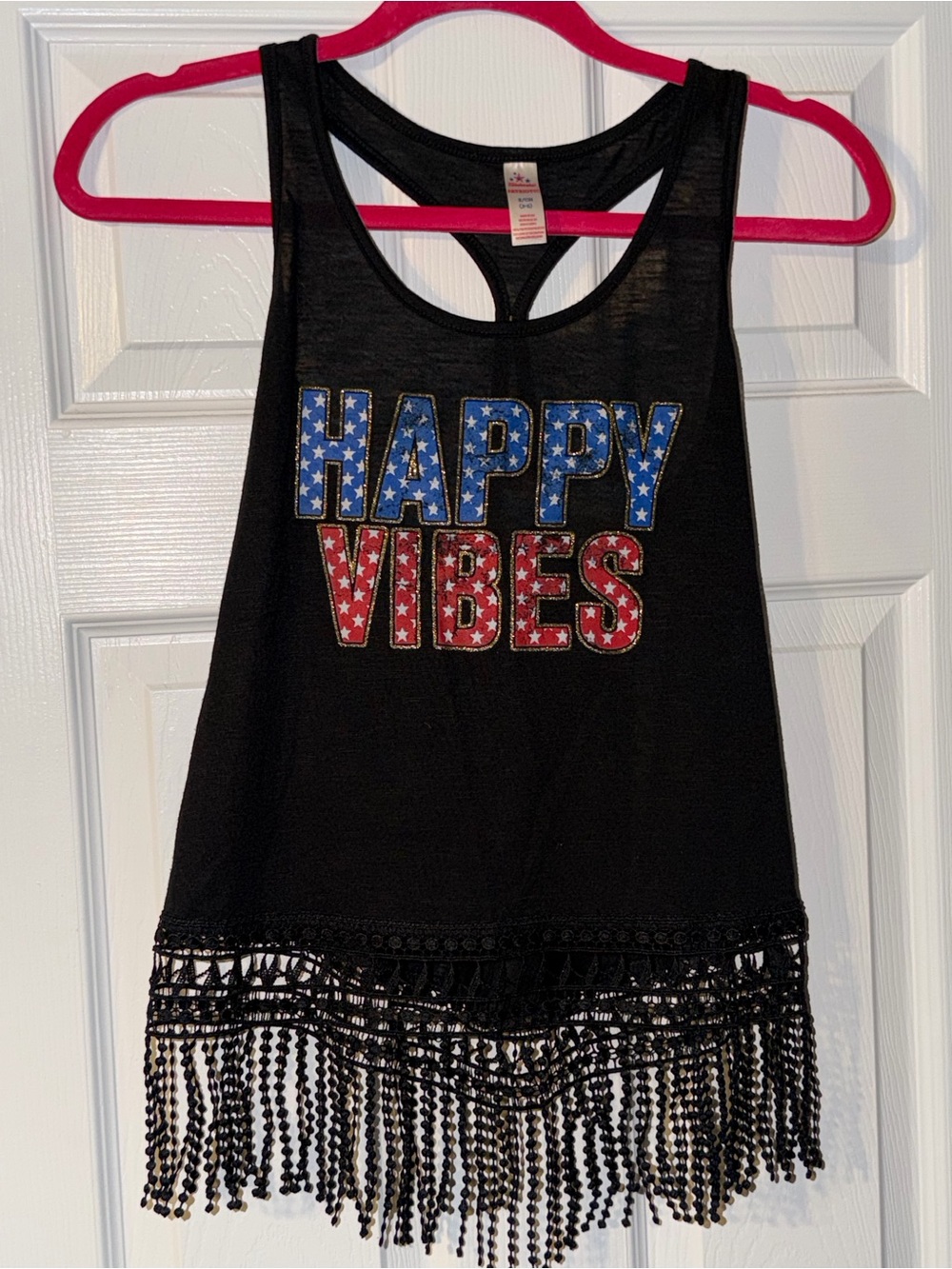 Black 'Happy Vibes' Fringe Racerback Tank Top